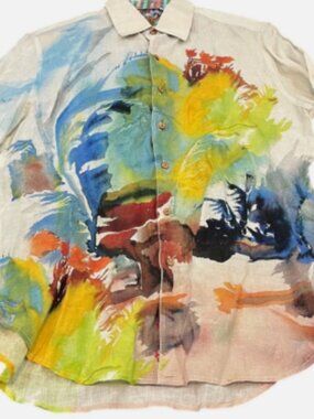 Robert Graham Shirt  Watercolor 100% Linen Flip Cuff Painted Button Up Rare XL
